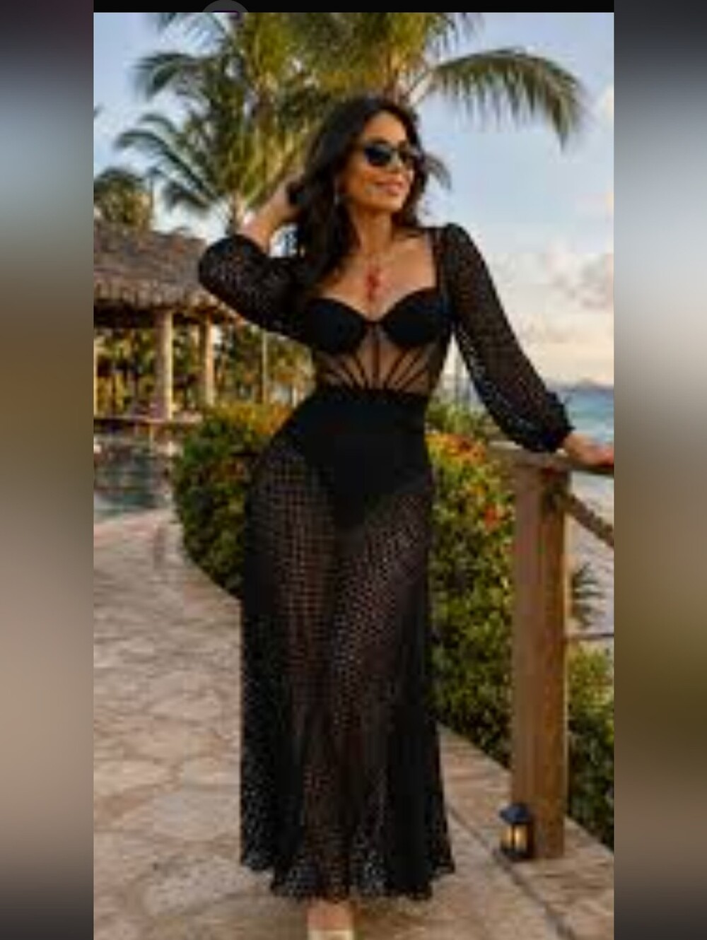 Cut Out Black Mesh Knit Dress/ Bathing Suit  with Corset Bodice